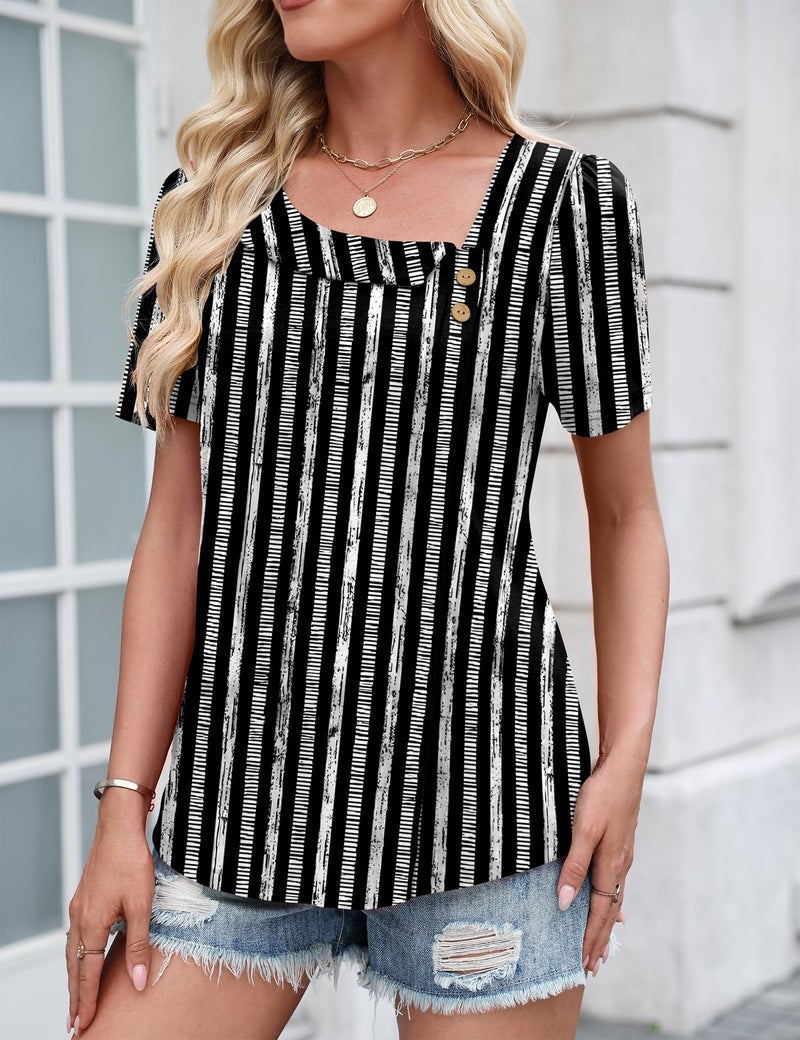 LUYAA Tunic Tops for Women Loose Fit Dressy Trendy Summer 2026 Teacher Shirts Womens Blouses Dressy Casual Square Neck Black Stripes XL - Image 2
