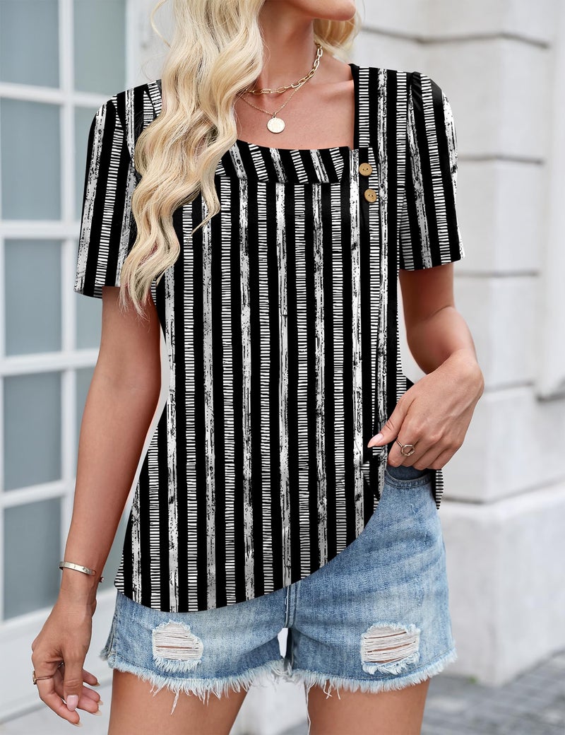 LUYAA Tunic Tops for Women Loose Fit Dressy Trendy Summer 2026 Teacher Shirts Womens Blouses Dressy Casual Square Neck Black Stripes XL - Image 3