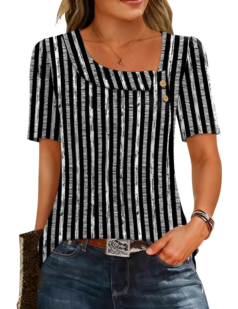 LUYAA Tunic Tops for Women Loose Fit Dressy Trendy Summer 2026 Teacher Shirts Womens Blouses Dressy Casual Square Neck Black Stripes XL - Image 1