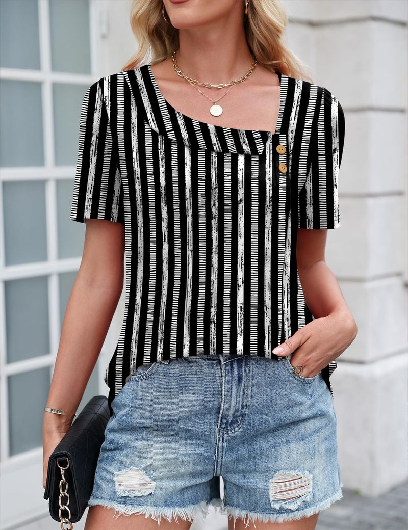 LUYAA Tunic Tops for Women Loose Fit Dressy Trendy Summer 2026 Teacher Shirts Womens Blouses Dressy Casual Square Neck Black Stripes XL - Image 5