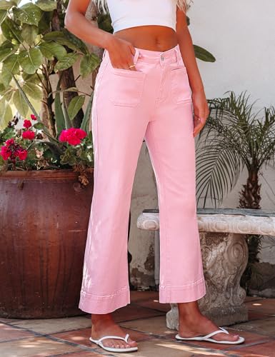 luvamia Wide Leg Jeans for Women Trendy High Waisted Flare Jeans Cropped Denim Pants Stretchy Baggy with Patch Pockets Wide Leg Jeans for Women Light Pink Jeans Pink-A-Boo Size Small Size 4 Size 6 - Image 2