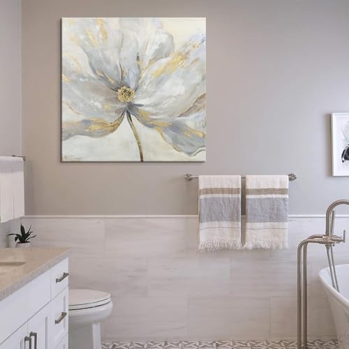 Goldfoilart Floral Wall Art Gold Flower Canvas Pictures with Foil Embellishment Painting Grey Print Framed Artwork for Bedroom Bathroom Living Room Office Wall Decor 24" x 24" - Image 4