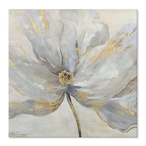 Goldfoilart Floral Wall Art Gold Flower Canvas Pictures with Foil Embellishment Painting Grey Print Framed Artwork for Bedroom Bathroom Living Room Office Wall Decor 24" x 24" - Image 1