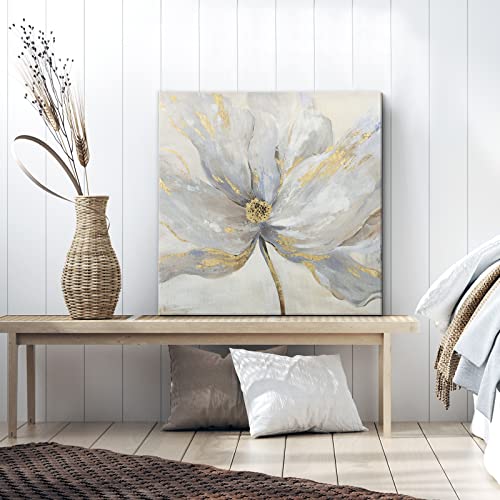 Goldfoilart Floral Wall Art Gold Flower Canvas Pictures with Foil Embellishment Painting Grey Print Framed Artwork for Bedroom Bathroom Living Room Office Wall Decor 24" x 24" - Image 2