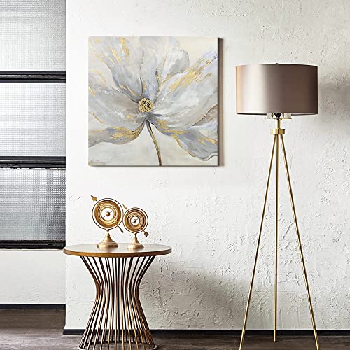 Goldfoilart Floral Wall Art Gold Flower Canvas Pictures with Foil Embellishment Painting Grey Print Framed Artwork for Bedroom Bathroom Living Room Office Wall Decor 24" x 24" - Image 3