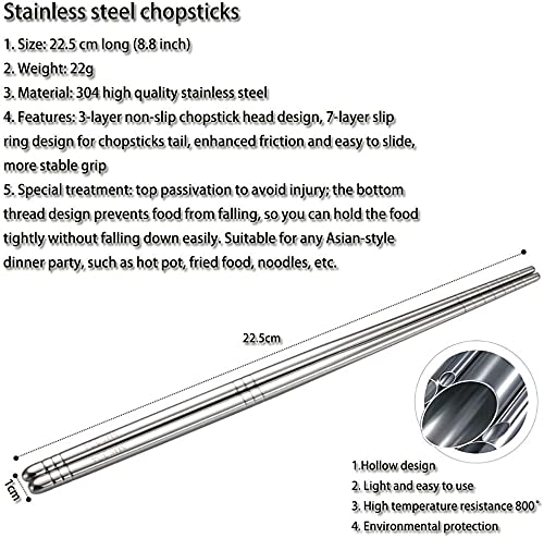 Rabbonix 5 Pairs Reusable Metal Stainless Steel Plain Chopsticks Dishwasher Safe Lightweight Easy to Use Metal Chop Stick Utensils - Image 2