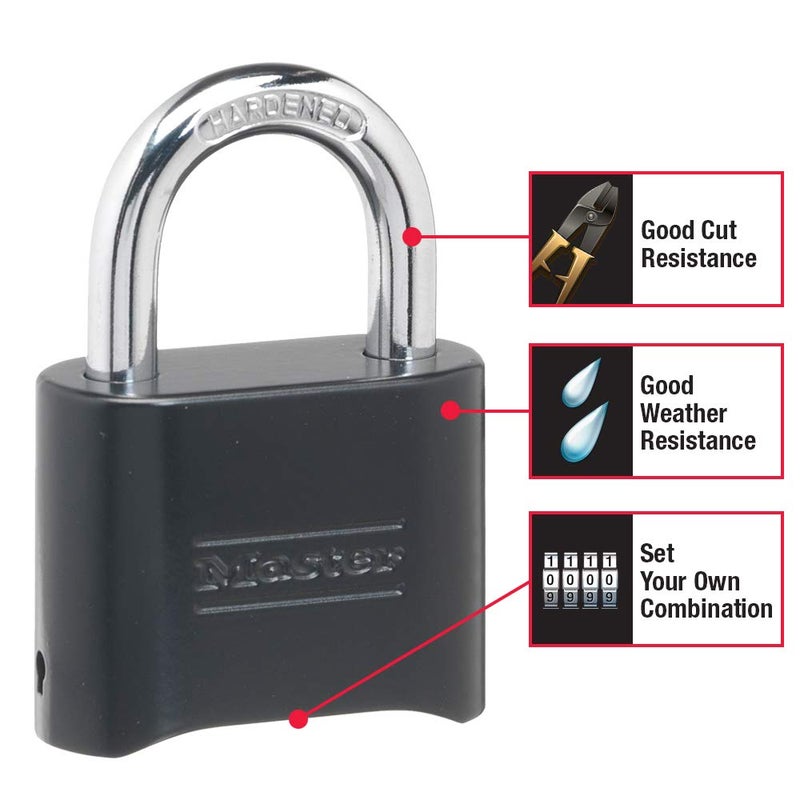 Master Lock Black Combination Padlock, Set Your Own Combo Lock, Weather Resistant Indoor and Outdoor Padlock with Code for Gym Locker, Gate, Shed, 178D - Image 2