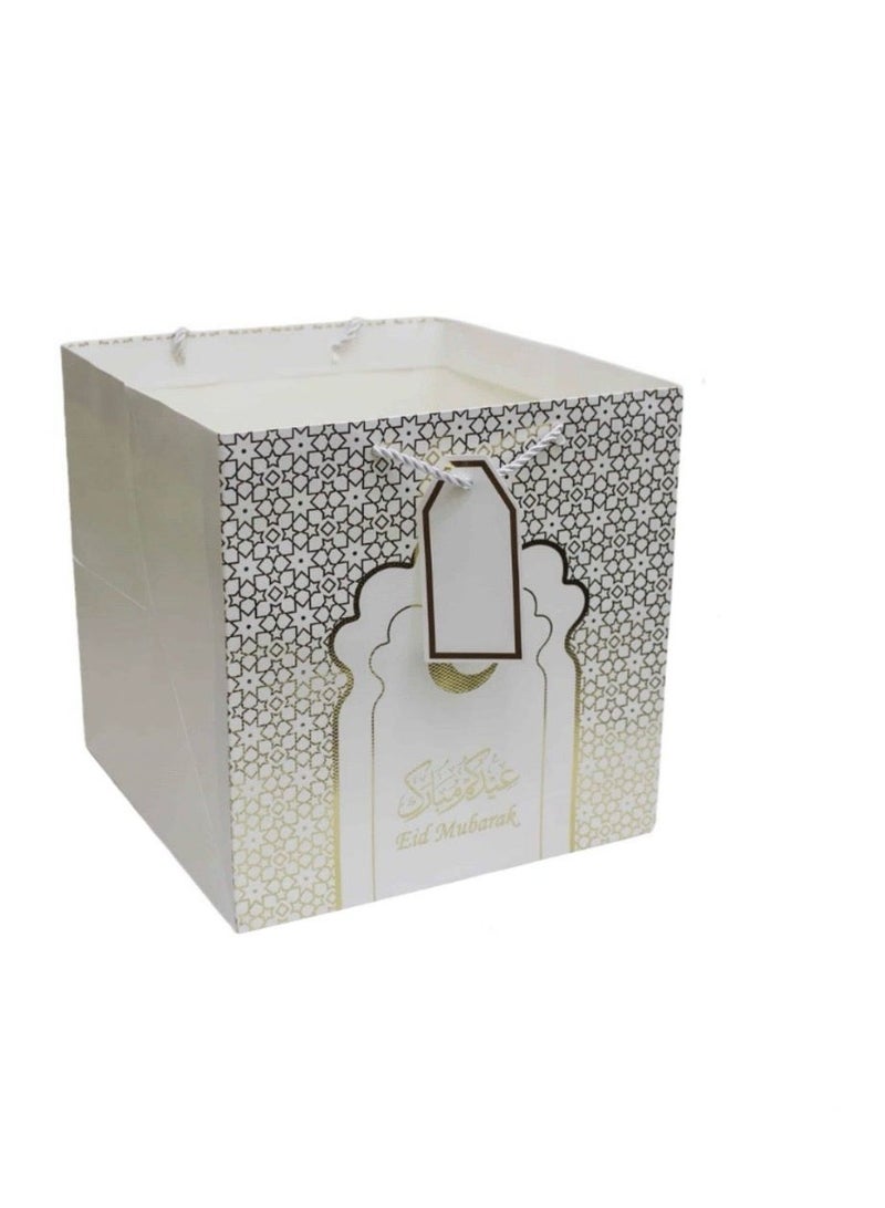 بارتي فن حقيبة هدايا عيد مبارك مع بطاقة - حقيبة هدايا بيضاء كبيرة 30×30×30 سم بمقابض لهدايا العيد، وهدايا رمضان، وتوزيعات الحفلات - Image 1