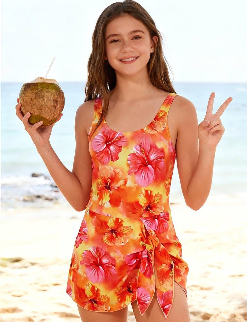 Cuddomper Girl Swimsuit One Piece Swim Dress Floral Hibiscus Adjustable Straps Bathing Suit with Pad Vacation Beach Modest Swimwear Size 13-14 - Image 3