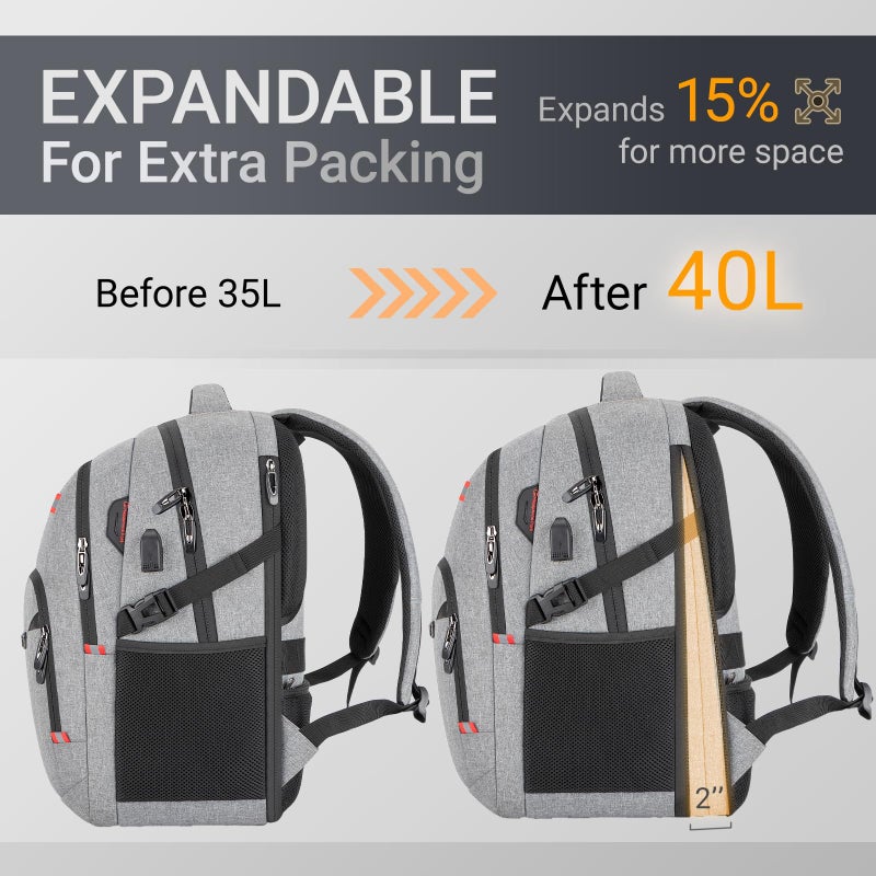 Velaybor 40L Expandable Laptop Backpack, Anti-thief Travel Backpack with USB Charging Port, Airline Approved Business Waterproof Carry on Luggage, Fits 15.6" Laptop for Men Women - Image 3
