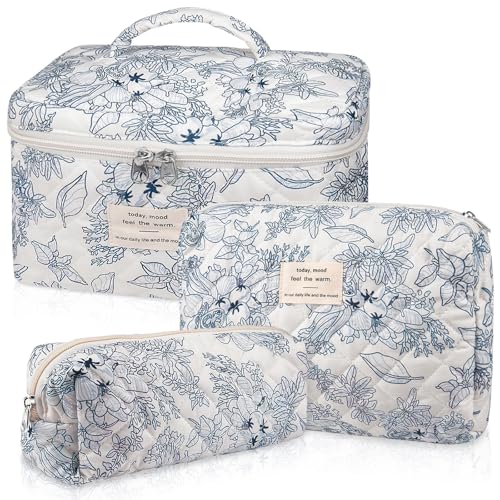 Gosect Makeup Bag Set, Quilted Floral Cosmetic Bags for Women, Cute Cotton Makeup Organizer, Travel Toiletry Bag Set (Navy Blue) - Image 1