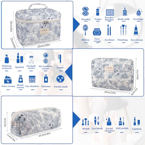 Gosect Makeup Bag Set, Quilted Floral Cosmetic Bags for Women, Cute Cotton Makeup Organizer, Travel Toiletry Bag Set (Navy Blue) - Image 2
