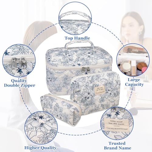 Gosect Makeup Bag Set, Quilted Floral Cosmetic Bags for Women, Cute Cotton Makeup Organizer, Travel Toiletry Bag Set (Navy Blue) - Image 3