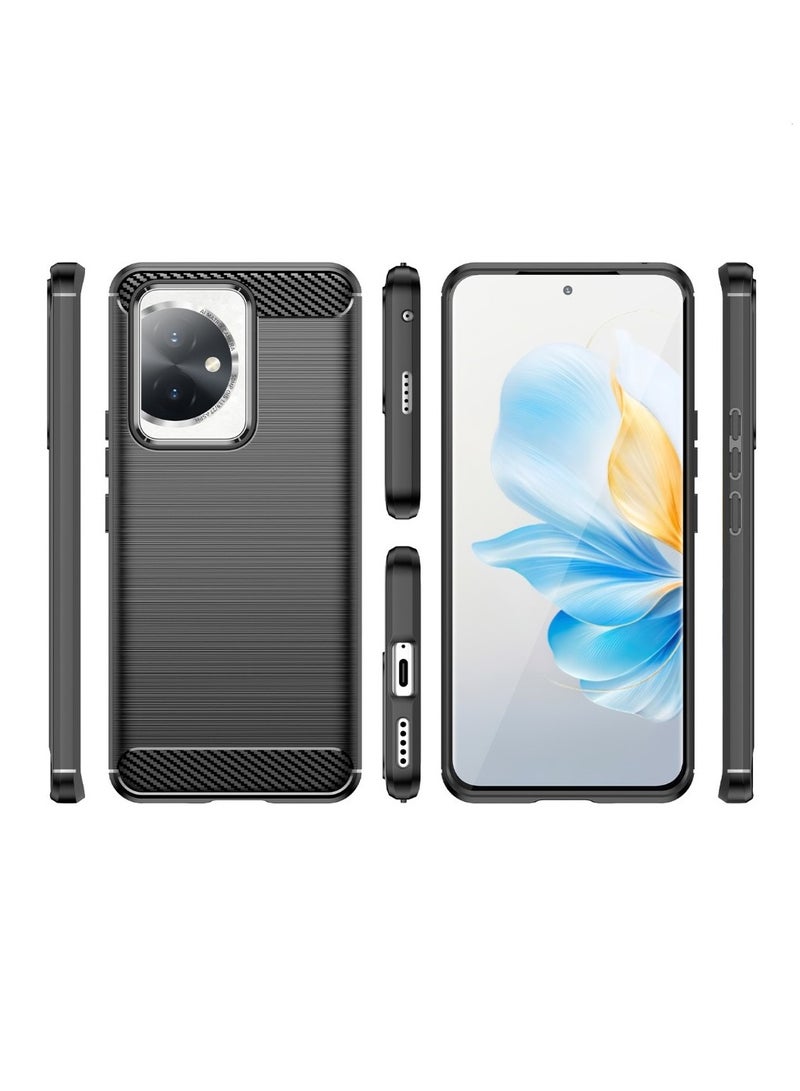Honor 100 5G Rugged Shield Protective Cover with Brushed Texture Carbon Fiber Pattern, Shockproof TPU, Anti-Slip, Ultra Thin, Shock Absorption - Black  - Image 1