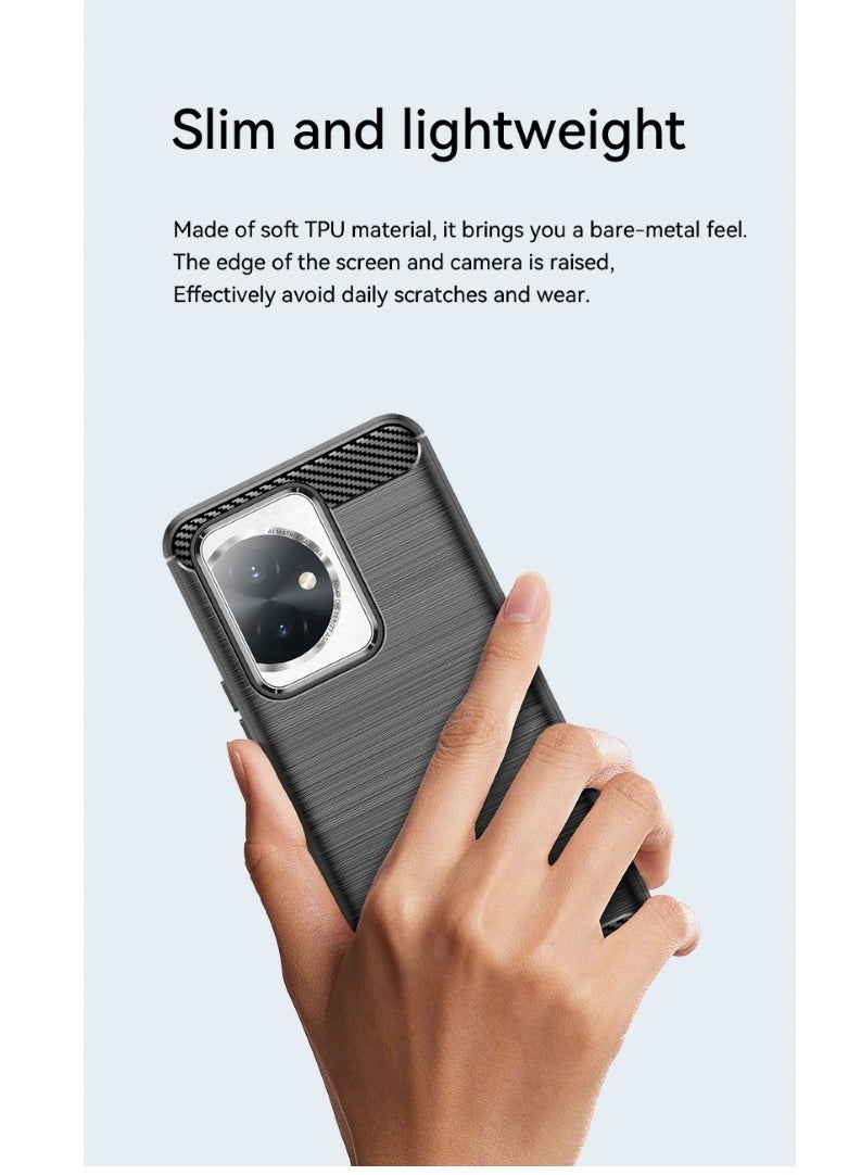 Honor 100 5G Rugged Shield Protective Cover with Brushed Texture Carbon Fiber Pattern, Shockproof TPU, Anti-Slip, Ultra Thin, Shock Absorption - Black  - Image 5