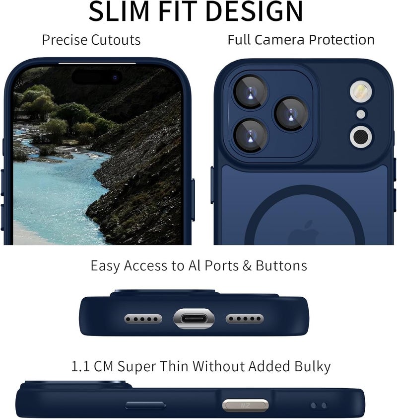 Elzzi Magnetic for iPhone 17 Pro Case (Compatible with MagSafe) Slim Translucent Matte Shockproof with Anti-Fingerprint Phone Case, SQ- Navy - Image 4