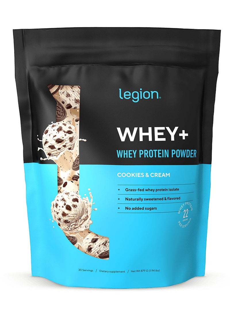 Legion Athletics Whey+ Protein Powder Cookies & Cream, Naturally Sweetened & Flavoured, Grass-fed whey protein isolate, Hormone- & antibiotic-free, No added sugars, 22 grams Per Serving NET WT 879g/ 31.0Oz/ 1.93Lbs - Image 1