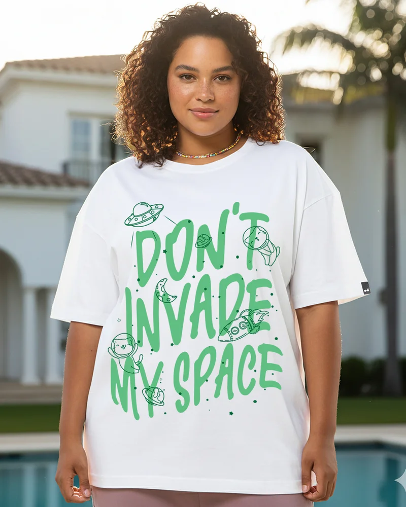 bewakoof Women's White Don't Invade Graphic Printed Oversized Plus Size T-shirt