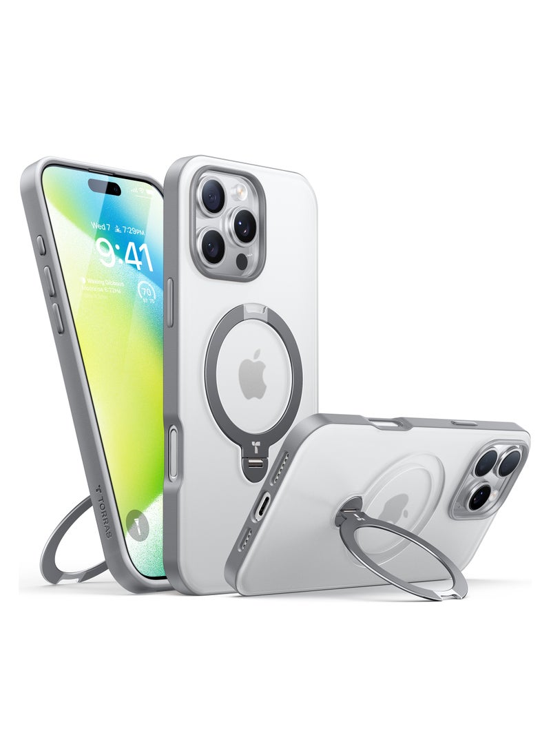 TORRAS Upgraded 360° Spin Magnetic Stand for iPhone 16 Pro Max Case, [Built-in Kickstand, Ring Rotatable Holder][Compatible with MagSafe][Mil-Grade Shockproof] Translucent Back 6.9 inch, Grey  - Image 1