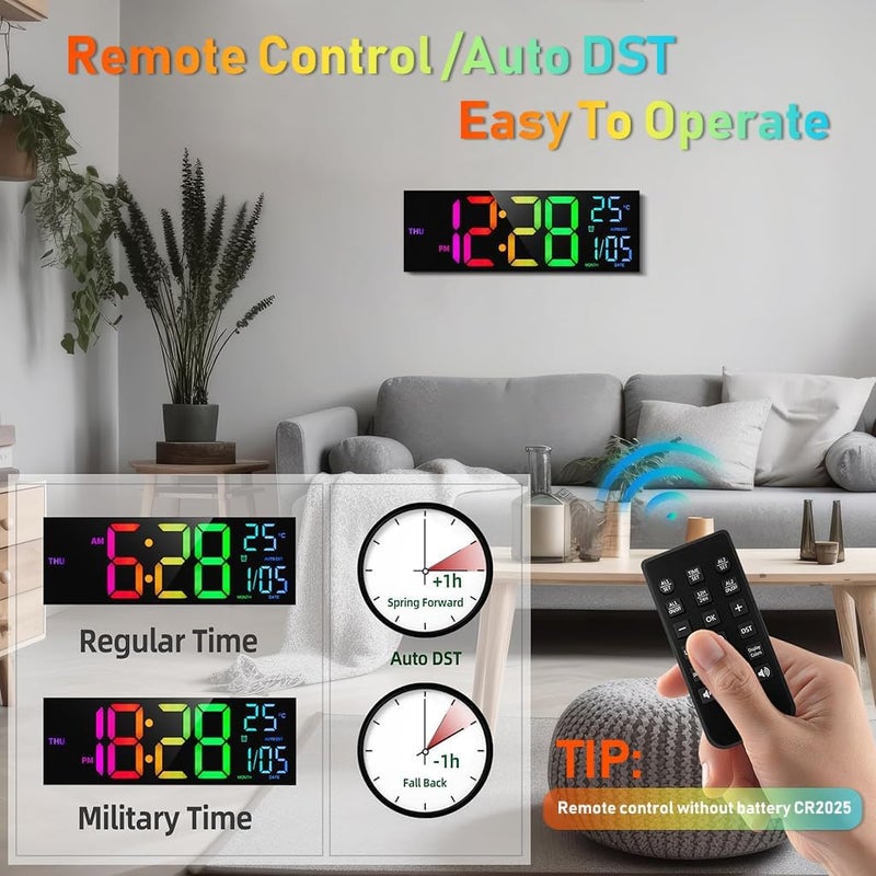 GT-REX ساعة حائط رقمية كبيرة GTREX بلاستيكية 16 بوصة مع جهاز تحكم عن بعد منبه مزدوج بشاشة LED كبيرة عرض 8 ألوان RGB ديكور مكتب غرفة النوم مثبتة لكبار السن باللون الأسود - Image 3