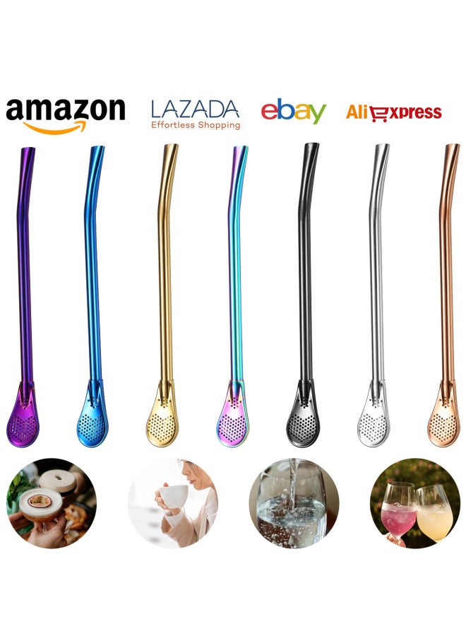 304 Stainless Steel Straw Spoon Creative Mate Tea Straw Mixing Spoon Tea Milk Tea Filter Straw Spoon-Specifications:Double-ring Blue Pipette Spoon  - Image 1
