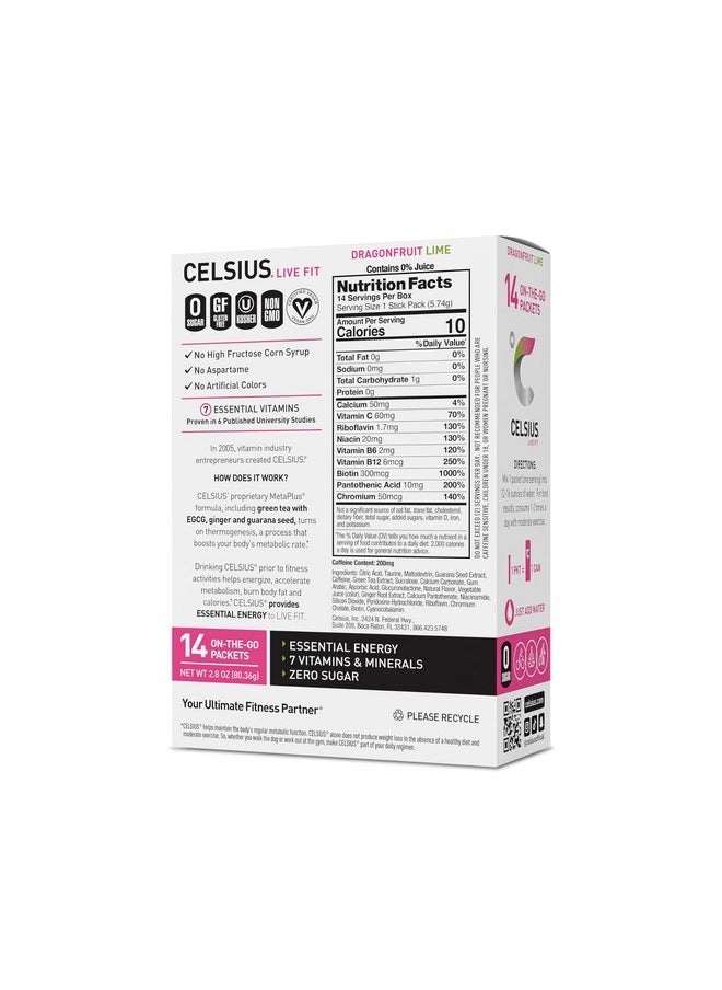 Celsius CELSIUS® On-the-Go Powder Sticks Dragonfruit Lime, Essential Energy 2.8 Oz (14 Sticks per Pack)  - Image 2