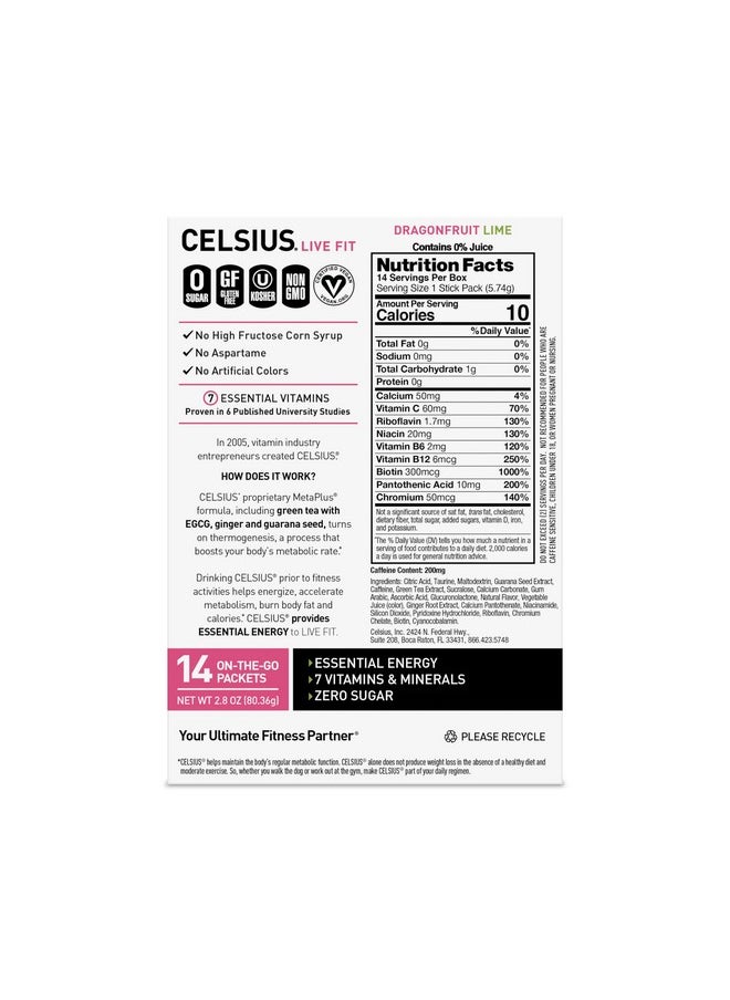 Celsius CELSIUS® On-the-Go Powder Sticks Dragonfruit Lime, Essential Energy 2.8 Oz (14 Sticks per Pack)  - Image 4