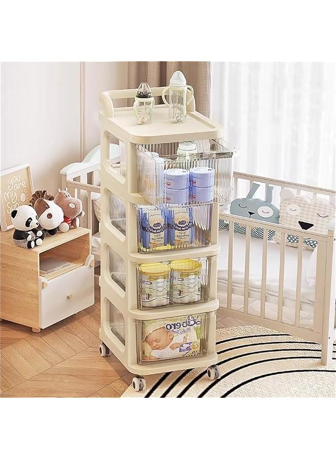 HOOKOR 4-Tier Baby Products Storage Organizer, Multifunction Nursery Organizer for Newborn Essentials, Baby Essentials Storage Cart with Wheels and Drawers,Plastic Baby Products Movable Cart