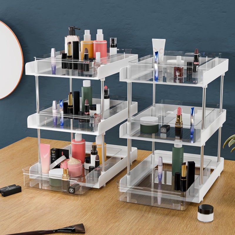 Kuber Industries Kuber Industires 2 Pcs Polypropylene Clear 3 Tier Under Sink Storage Organizer | Makeup Vanity Stand Box for Dressing Table | Countertop Drawer Organizer for Medicine & Bathroom Cabinet | White - Image 1