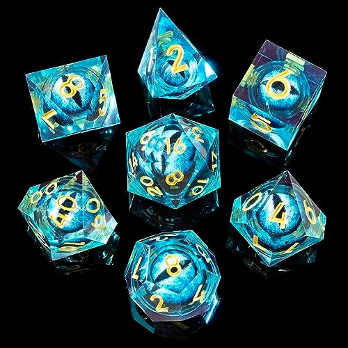 YEMEKO BeholderS Eye DND Dice Dragon Eye Liquid Core Sharp Edge Handmade Dice Set for Dungeons and Dragons Ttrpg MultiSided RPG Polyhedral Resin Roleplaying Blue Dragon Eyes - Image 1