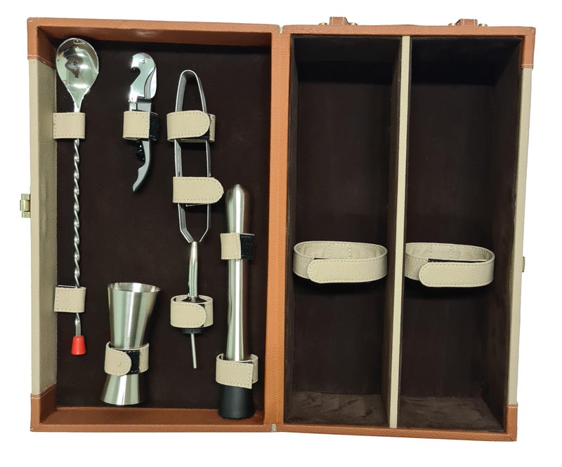 essart Bar Set with Acessories | Portable Leatherette Bar Set | Bar Set for Picnic | Bar Set for Travel | Bar Set for car in Cream-Tan Color - Image 1