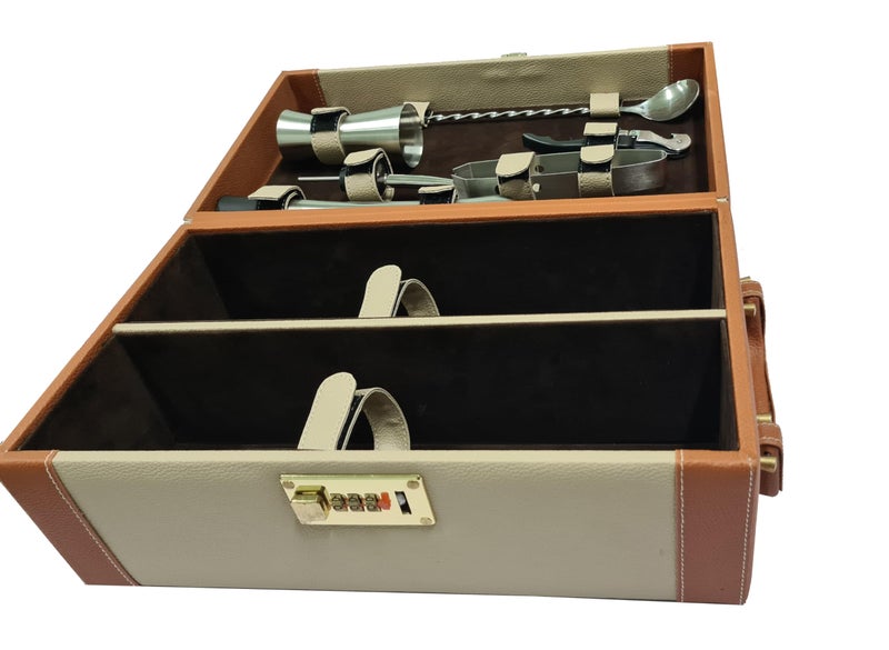 essart Bar Set with Acessories | Portable Leatherette Bar Set | Bar Set for Picnic | Bar Set for Travel | Bar Set for car in Cream-Tan Color - Image 3