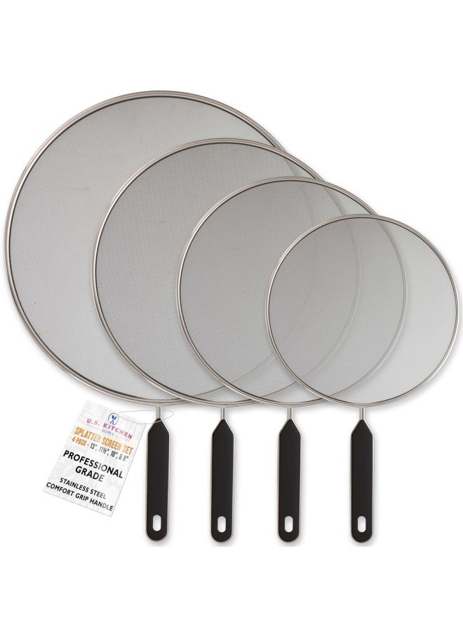 U.S. Kitchen Supply مجموعة من 4 شاشات تناثر كلاسيكية 13 بوصة 11.5 بوصة 10 بوصة و 8 بوصة من الفولاذ المقاوم للصدأ مع مقابض مريحة للاستخدام على الأواني المغلية ومقالي القلي لحماية من الزيت والشحوم، غطاء طهي آمن - Image 1