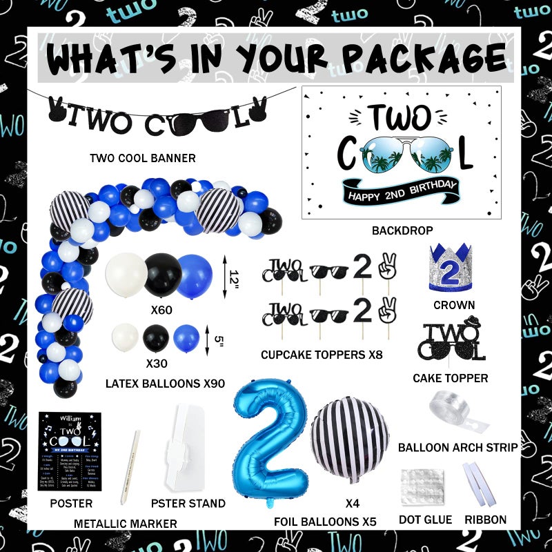 Hombae 109 PCs Two Cool Birthday Party Decorations, Hombae Blue and Black 2nd Birthday Decorations For Boys Backdrop Balloon Garland Arch Banner Cake Cupcake Topper Crown Poster Blue Black - Image 2