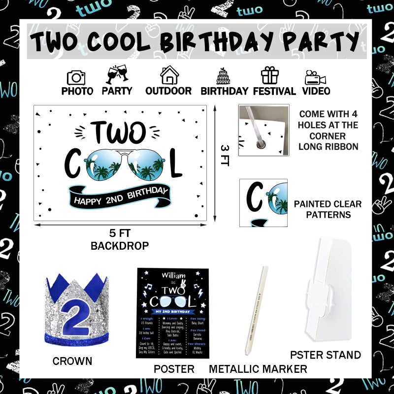 Hombae 109 PCs Two Cool Birthday Party Decorations, Hombae Blue and Black 2nd Birthday Decorations For Boys Backdrop Balloon Garland Arch Banner Cake Cupcake Topper Crown Poster Blue Black - Image 5