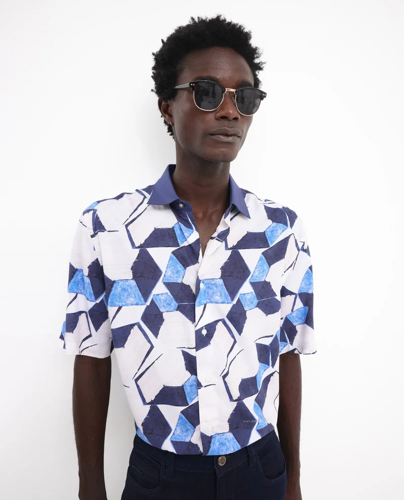 Rare Rabbit Rare Rabbit Men's Lego Off White Viscose Fabric Short Sleeve Boxy Fit Abstract Print Shirt