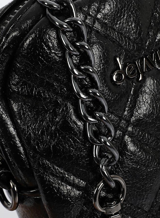 DejaVu Shiny Quilted Cross Body Bag - Black - Image 4