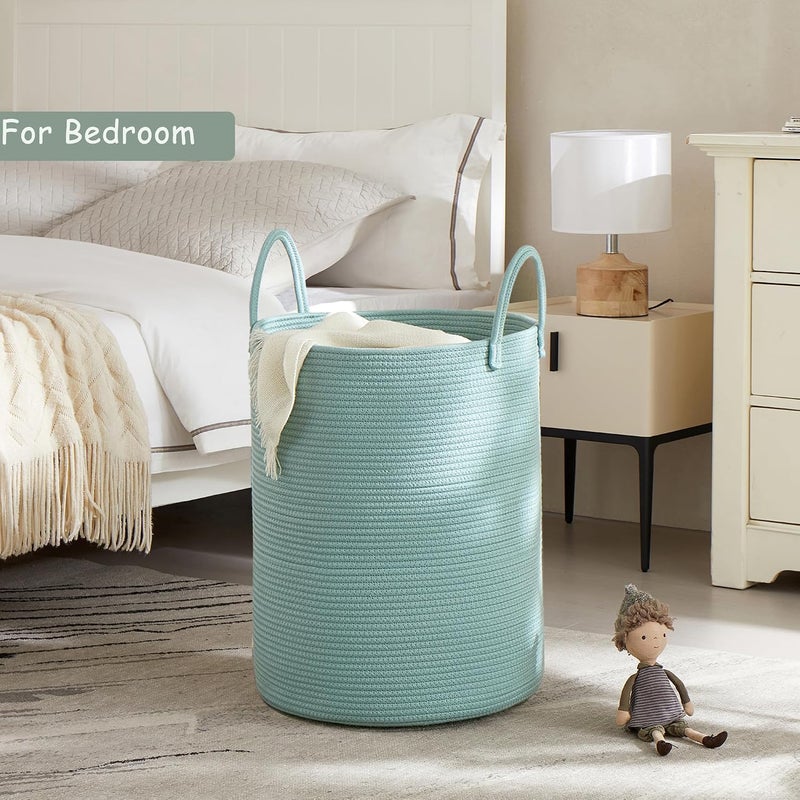 Tall Green Hamper Cotton Rope Laundry Basket 15Dx20H Inches | Woven Basket for Clothes Blanket Storage in Bedroom Living Room for Baby Nursery Kids Toys Organize 60L Large Capacity - Image 2