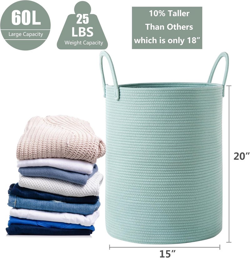 Tall Green Hamper Cotton Rope Laundry Basket 15Dx20H Inches | Woven Basket for Clothes Blanket Storage in Bedroom Living Room for Baby Nursery Kids Toys Organize 60L Large Capacity - Image 3