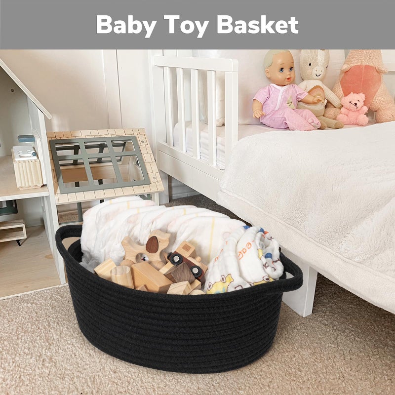 Goodpick Small Woven Basket, Baskets for Gifts Empty, Baby Basket with Handles, Black Baskets for Organizing, Dog Toy Basket, Rope Baskets for Storage, 12" x 8" x 5" - Image 4