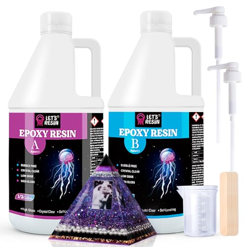 LET'S RESIN طقم راتنج الإيبوكسي LET'S RESIN، 1 جالون خالي من الفقاعات وشفاف كريستالي للإستخدام على الطاولات، الصب، الأعمال اليدوية، الفن، القوالب، المجوهرات (يشمل 0.5 جالون راتنج + 0.5 جالون مُعَزِّز) - Image 1