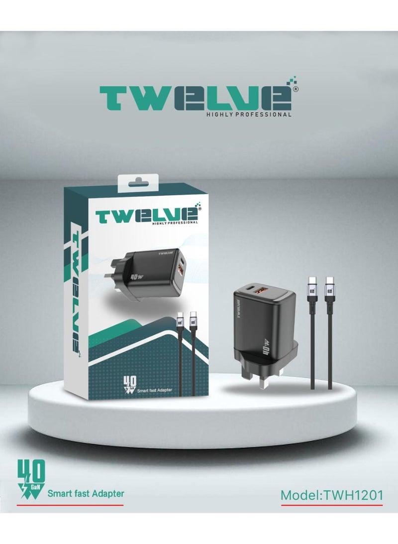 TWELVE 40W GaN Fast Charger with USB-C & USB-A Dual Port, Type-C to Type-C Cable, Power Delivery Wall Adapter for Smartphones and Tablets - Image 1