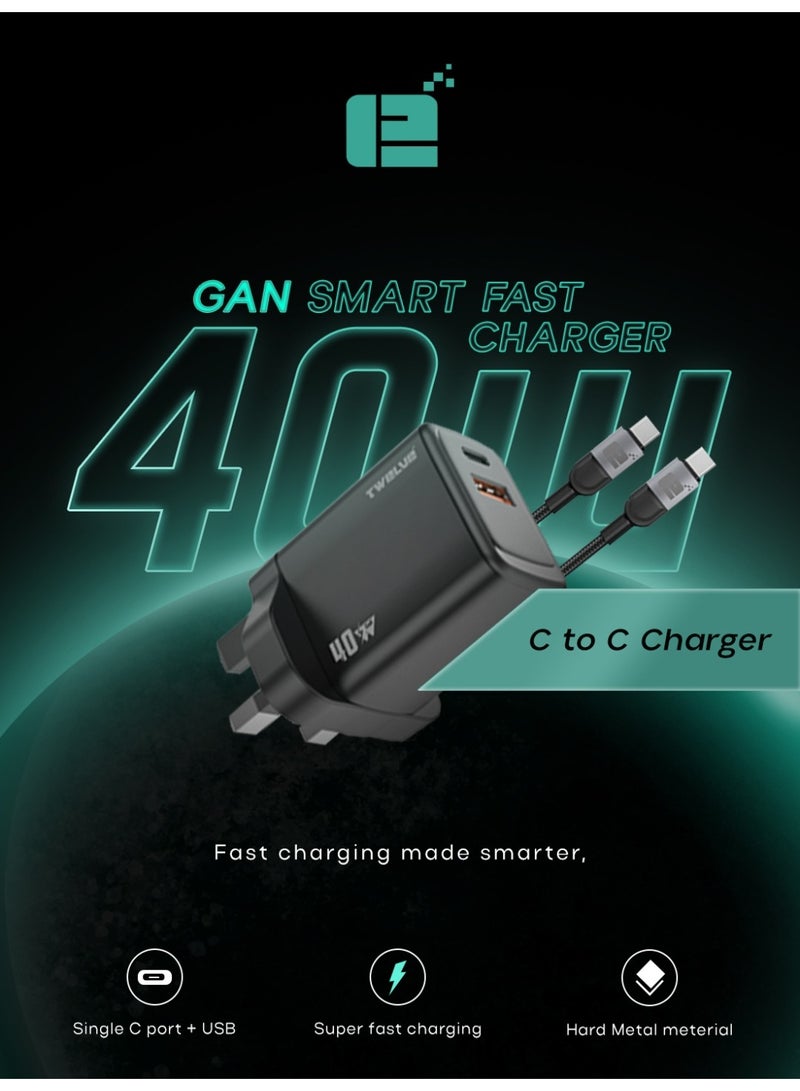 TWELVE 40W GaN Fast Charger with USB-C & USB-A Dual Port, Type-C to Type-C Cable, Power Delivery Wall Adapter for Smartphones and Tablets - Image 2
