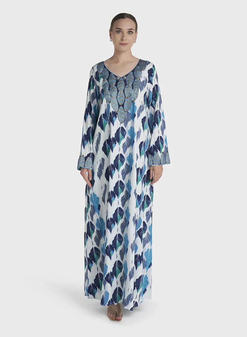 كشخة Blue Colour Stone Work Rayon Leaf Printed Jalabiya (VW522)
