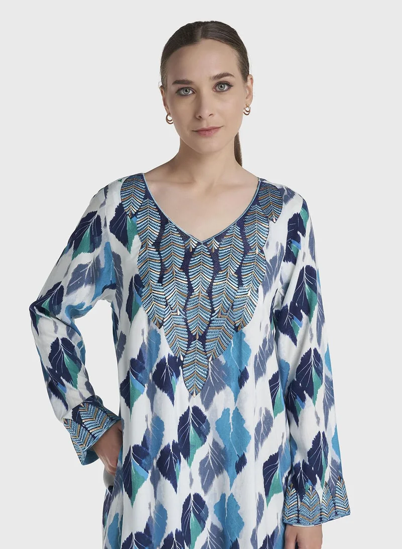 كشخة Blue Colour Stone Work Rayon Leaf Printed Jalabiya (VW522)