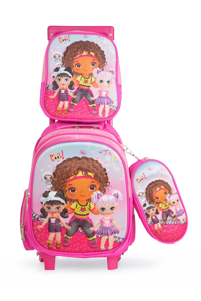 KTMC 3D Cartoon Dancing Girl Triple Set Pen Bag, Lunch Bag, School Trolley Bag for Baby Girls- Fuschia & Pink 9908