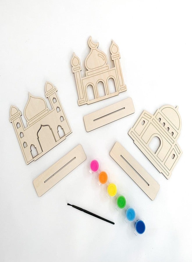 Haoser 3 Pcs Paint Your Own Masjid DIY Wood Kit | Ramadan & Eid Islamic Activity for Kids | Ramadan Wooden Decoration Mosque Wood Puzzle Craft Set with Paints | Eid & Ramadan Gift - 5.5x5 Inch - Image 1