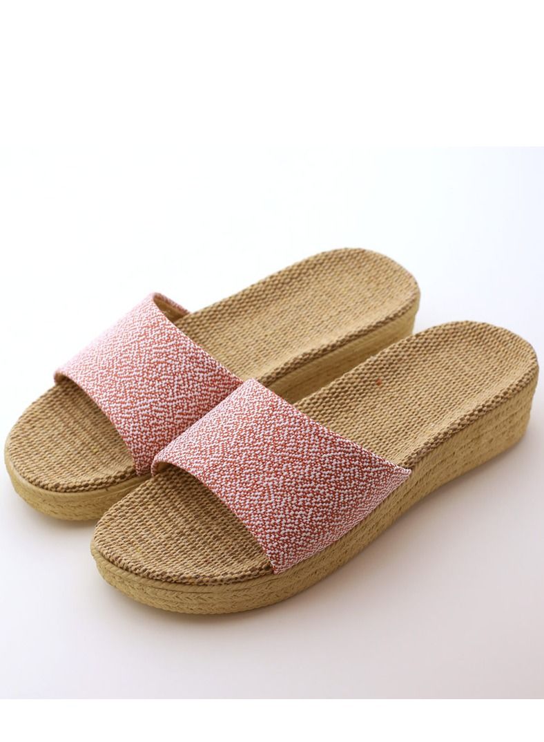 Loquat Simple Style Thick soled Flax Flat Slippers Non Slip Linen Indoor Slippers Open Toe Rose Pink White Mix 