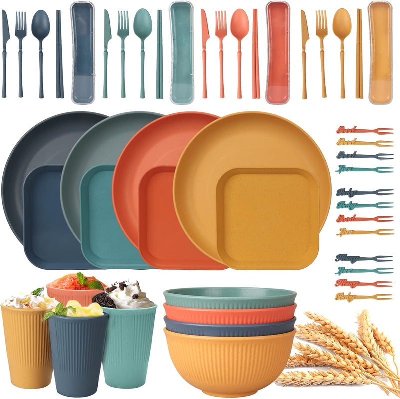 TERRIFI Transit & use compatible 48pcs Unbreakable Dinnerware Sets for 4 People, Camping Plates and Bowls Set, Plastic Picnic Dinner Sets, Lightweight Colorful BBQ Plastic Serving Plates, Bowls, Cups,Cutlery Set, Forks,Tableware Standard fit - Image 1