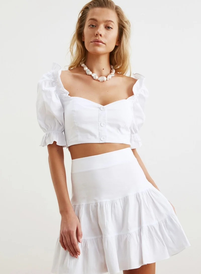 trendyol Puff Sleeve Cropped Top & Skirt Set